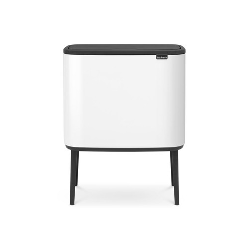 Front view of the Brabantia Bo Touch Bin Hi recycling bin in White with a black soft-touch lid and elevated black legs.