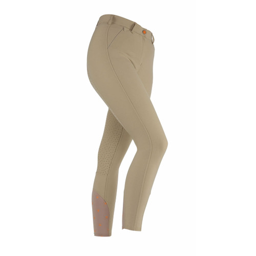 Women's beige riding breeches shown from the side on a white background, featuring a high-stretch fit, silicone grip seat panel, belt loops, front pockets and contrast grip detailing at the lower leg.