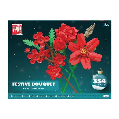 Block Tech Festive Bouquet 354-piece building block set in retail packaging, featuring a Christmas-inspired floral arrangement with red poinsettias, roses, berries and seasonal greenery.