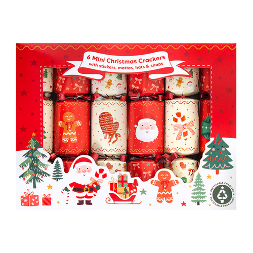Harvey & Mason set of 6 mini Christmas crackers in festive red and cream designs featuring Santa, gingerbread men, candy canes, Christmas trees and baubles, presented in a decorative Christmas-themed gift box with stickers, hats, mottos and snaps.