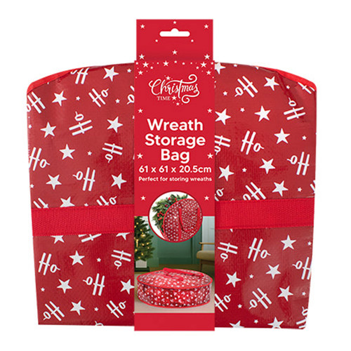 Red Christmas wreath storage bag supplied flat in retail packaging, featuring a white star and “Ho Ho Ho” festive print. Designed to store wreaths up to 61 x 61 x 20.5cm and protect seasonal decorations when not in use.
