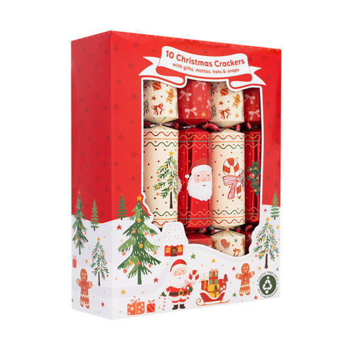 Box of 10 Christmas crackers in a festive red presentation pack featuring Santa, Christmas trees, candy canes, gingerbread men and wreath designs, supplied with gifts, hats, mottos and snaps.