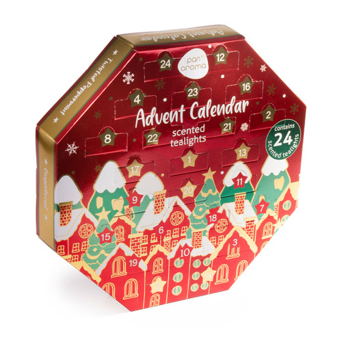 Pan Aroma Advent Calendar scented tealights gift set in a festive red and gold house-shaped box.