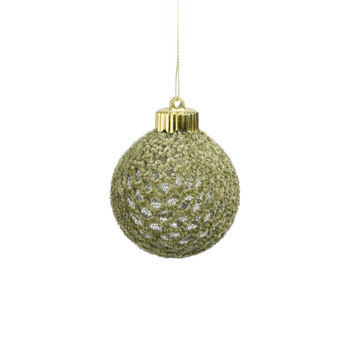 Green textured bauble Christmas tree decoration with a woven-effect finish and gold hanging cap.