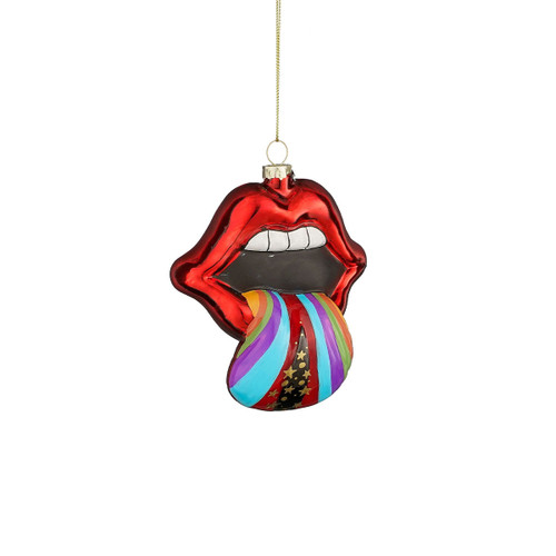 Glass lips Christmas tree decoration with metallic red lips and a colourful rainbow tongue design.