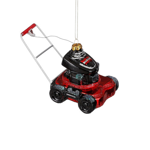 Glass lawn mower Christmas tree decoration in red and black with glitter detailing and metal handle.