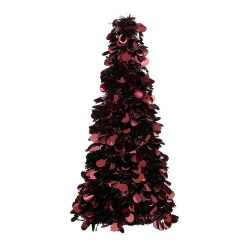 Burgundy sequin tabletop Christmas tree decoration featuring densely layered metallic discs for a glamorous, sparkling festive display.