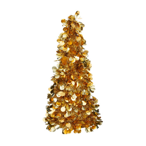Striking gold sequin Christmas tree decoration featuring shimmering metallic discs and tinsel detail.