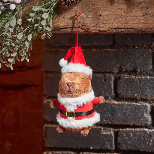 Plush capybara Christmas tree ornament dressed in a festive Santa outfit with red hat, fluffy white trim and hanging loop, displayed as seasonal holiday décor.