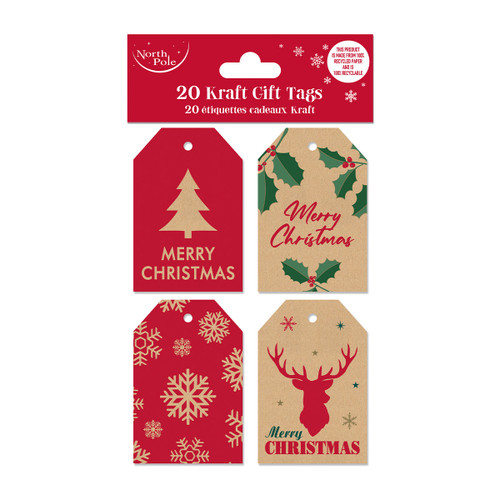 Pack of 20 festive kraft gift tags featuring assorted Christmas designs, perfect for adding a decorative finishing touch to wrapped presents and gift bags.