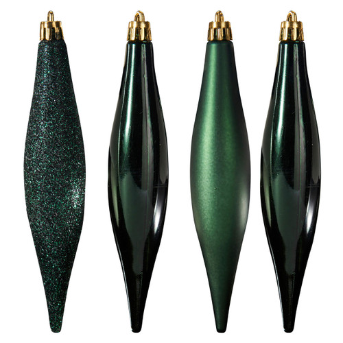 Set of four elongated dark green Christmas bauble ornaments with glitter, glossy and matte finishes, featuring gold hanging caps and a contemporary festive design.