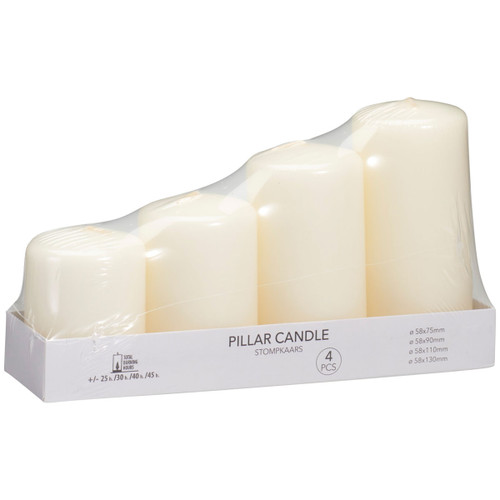 Set of four ivory pillar candles in assorted heights, packaged together for wedding centrepieces, home décor, Christmas displays and ambient lighting.