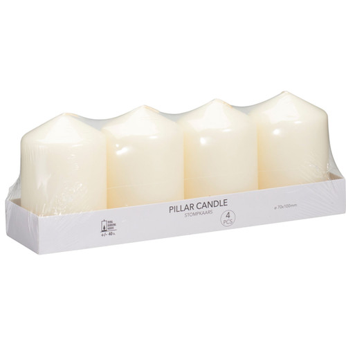 Pack of four ivory pillar candles with a classic smooth finish, ideal for wedding centrepieces, Christmas decorations, table displays and home ambience.
