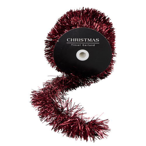 Burgundy Christmas tinsel garland on a spool, featuring metallic shimmering strands for decorating Christmas trees, wreaths, mantelpieces, staircases and festive holiday displays.