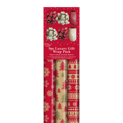 9-piece Christmas gift wrap pack with bows and ribbon.