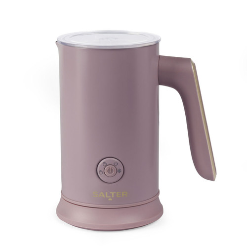 Salter Chocolatier electric milk frother and hot chocolate maker in blush pink with clear lid and ergonomic handle.