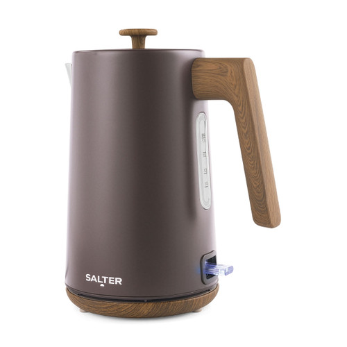 Salter Toronto rapid boil kettle in matte brown with wood-effect handle and lid detail, featuring a water level window and illuminated power switch.