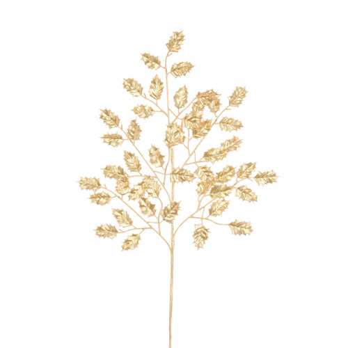 Elegant 60cm metallic gold holly spray, perfect for adding a luxurious festive touch to Christmas trees, wreaths, and seasonal displays.
