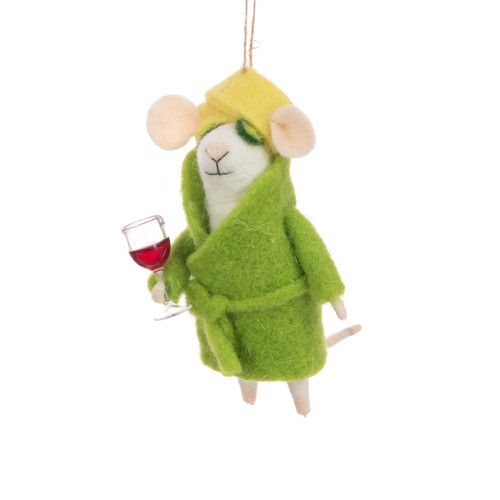 Whimsical felt mouse hanging ornament dressed in a green spa robe and towel wrap, holding a glass of red wine for a fun.
