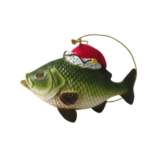 Green fish Christmas tree decoration with realistic scale detailing, wearing a red Santa hat trimmed with white faux fur and hanging from a gold cord loop.