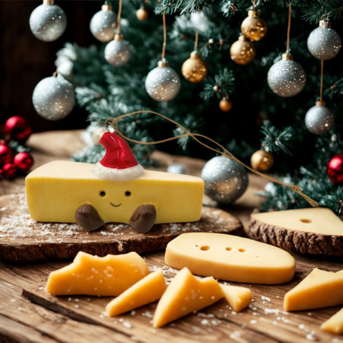 Ceramic brie cheese Christmas decoration displayed on a festive cheese board beside a Christmas tree.