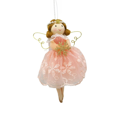 Pink angel ornament with delicate metal wings and a glittery snowflake detail.