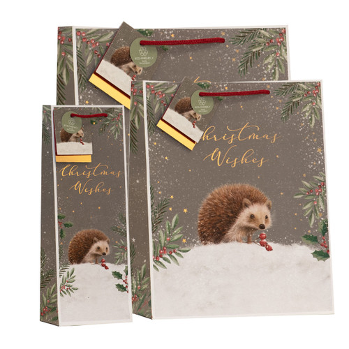 Coordinated Christmas gift bag set featuring a snowy hedgehog illustration, festive foliage border, gold foil “Christmas Wishes” lettering, matching gift tag and red rope handles.