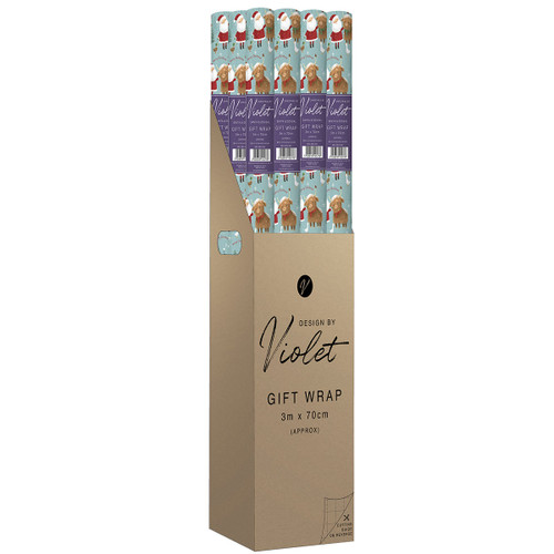 Santa and Highland cow Christmas gift wrap roll featuring a playful festive pattern on a light blue background, with repeating illustrations of Father Christmas and a Highland cow in winter attire, presented in a recyclable cardboard sleeve, 3m x 70cm.