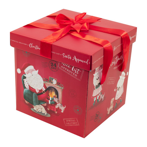 Christmas Eve gift box with festive red design, featuring Santa Claus by a fireplace, holiday postmark graphics, “Santa Approved” messaging and a large red satin ribbon bow on the lid.