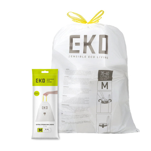 EKO extra strong drawstring bin liners, size M for 35–40 litre bins, shown in retail packaging alongside a full waste bag with secure drawstring closure.