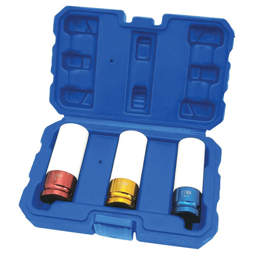 Open blue storage case containing three colour-coded deep impact sockets for alloy wheel nut removal, suitable for automotive tyre and wheel maintenance.