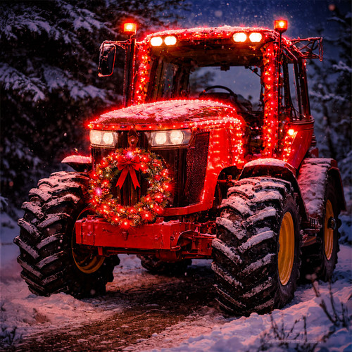 Red LED Christmas lights wrapped around a tractor with an illuminated Christmas wreath, creating a festive display in a snowy landscape.