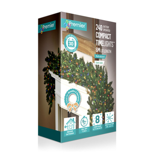 Product packaging for Premier 240 Battery Operated Compact Timelights, featuring 240 multi-coloured LED lights on a 6-metre green cable with timer, memory functions and indoor/outdoor use, ideal for Christmas trees, wreaths and garlands.