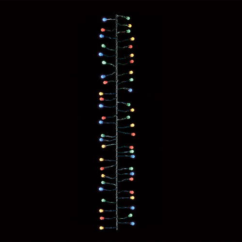 Multi-coloured LED compact Christmas cluster lights with a green cable, featuring closely spaced red, green, blue and warm white bulbs for decorating Christmas trees, garlands and festive displays.