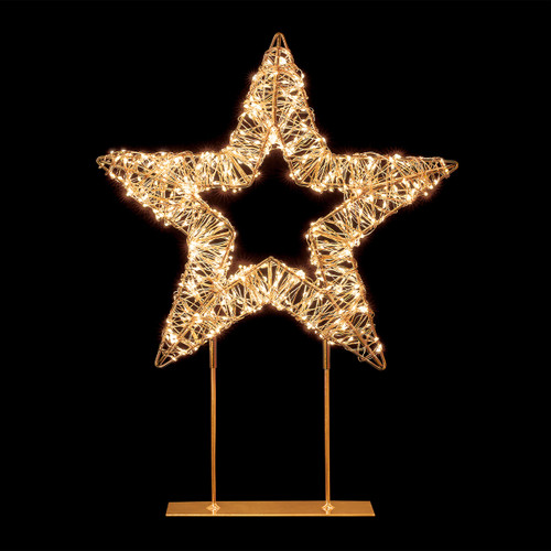 Illuminated five-point star decoration wrapped in warm white LED fairy lights on a sturdy metal stand, ideal for Christmas displays and festive home décor, isolated on a black background.