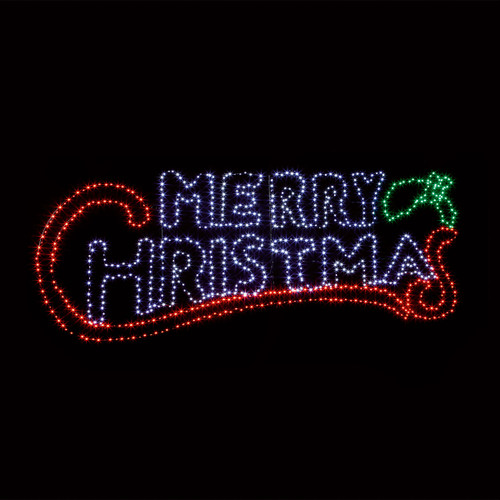 Illuminated "Merry Christmas" LED sign featuring festive red and white lettering with candy cane accents and holly leaves, ideal for Christmas window displays and seasonal home décor, isolated on a black background.