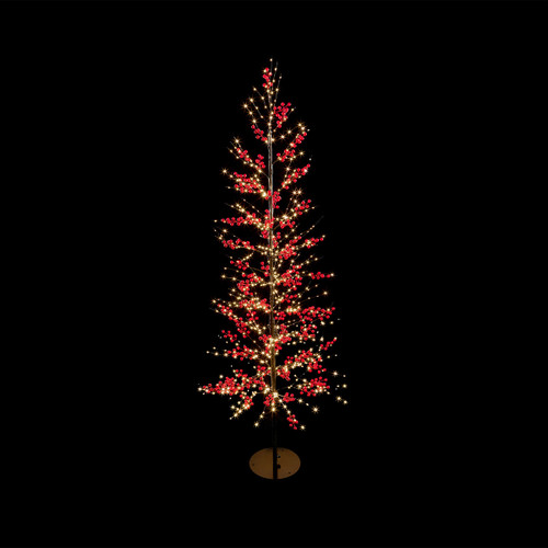 Illuminated LED berry tree decoration featuring warm white fairy lights and vibrant red berries on flexible branches, mounted on a sturdy round base for festive Christmas home décor, isolated on a black background.