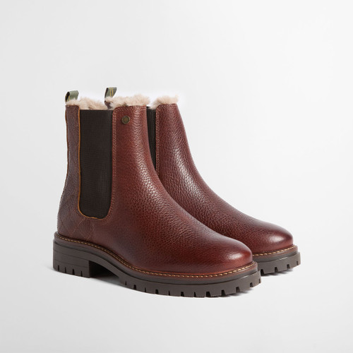 Pair of brown leather Chelsea boots with faux fur lining and chunky lug soles.