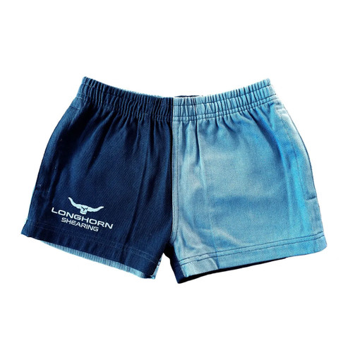 Two-tone shearing shorts with an elastic waistband. The left leg is navy blue and features a white Longhorn Shearing logo near the hem, while the right leg is light blue. The shorts have a simple colour-block design with side pockets and are shown laid flat against a white background.