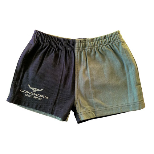 Adult shearing shorts in a black and olive green colour-block design with an elastic waistband. The left leg is black and features a white "Longhorn Shearing" logo with a longhorn graphic, while the right leg is olive green. Shown laid flat against a white background.