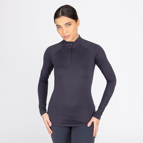Women's charcoal long sleeve performance base layer with quarter-zip neck and streamlined, close-fitting silhouette.