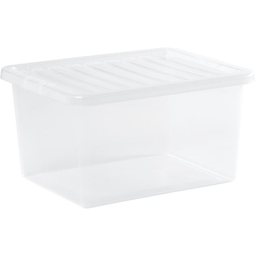 Wham 37L Clear Plastic Storage Box with Lid shown at an angled front view, featuring a translucent design and secure-fitting lid for household storage.