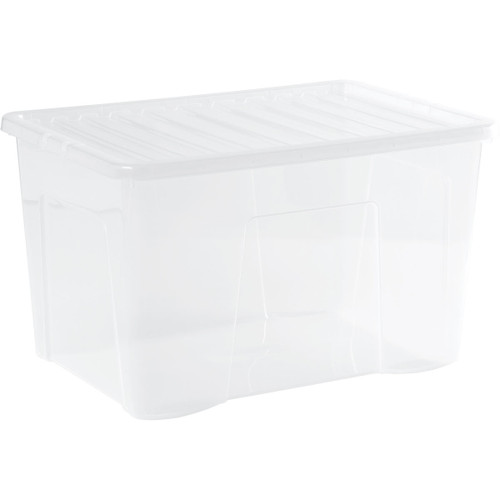 Wham Clear Plastic Storage Box with Lid shown at an angled front view, featuring a spacious translucent design for organising household items, clothing and storage essentials.