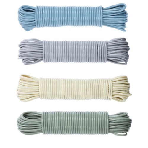 Assorted 20m Betterware PVC core clothes lines in blue, grey, cream and green for durable outdoor laundry drying.