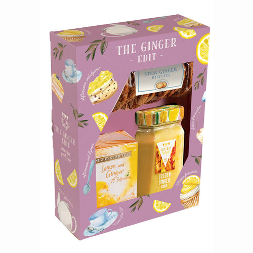 Cottage Delight The Ginger Edit gift set with golden ginger curd, stem ginger biscuits and lemon & ginger tea infusions, beautifully presented for afternoon tea, Christmas gifting and ginger lovers.