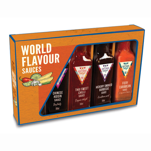 Cottage Delight World Flavour Sauces Gift Set with Chinese Hoisin, Thai Sweet Chilli, Hickory Smoked Barbecue and Fiery Caribbean sauces for marinades, dipping and grilling.
