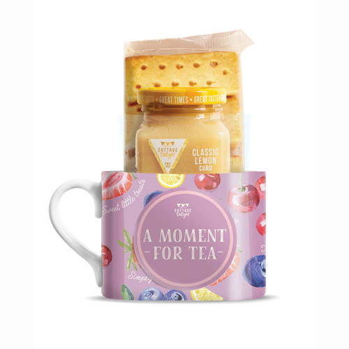 Cottage Delight A Moment for Tea gift mug with classic lemon curd and shortbread fingers, beautifully presented in a reusable ceramic mug, ideal for afternoon tea, Christmas gifting and sweet treats.