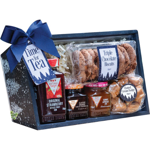 Cottage Delight Time for Tea gift hamper with original strawberry jam, orange marmalade, apricot jam, triple chocolate biscuits and clotted cream fudge, beautifully presented in a wooden-style gift tray for afternoon tea and Christmas gifting.