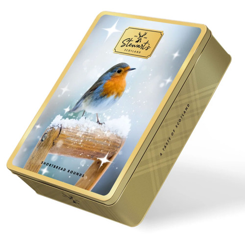 Stewart's Scotland buttery shortbread rounds in a festive keepsake tin featuring a robin perched on a snow-covered fence, inspired by a traditional Scottish winter scene.