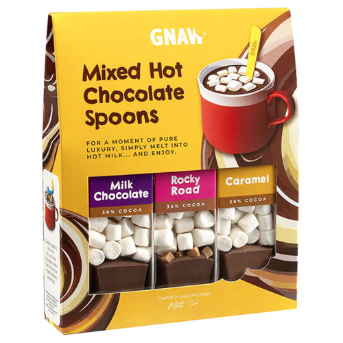 GNAV Mixed Hot Chocolate Spoons gift box featuring milk chocolate, rocky road and caramel flavours with marshmallows and 36% cocoa chocolate.
